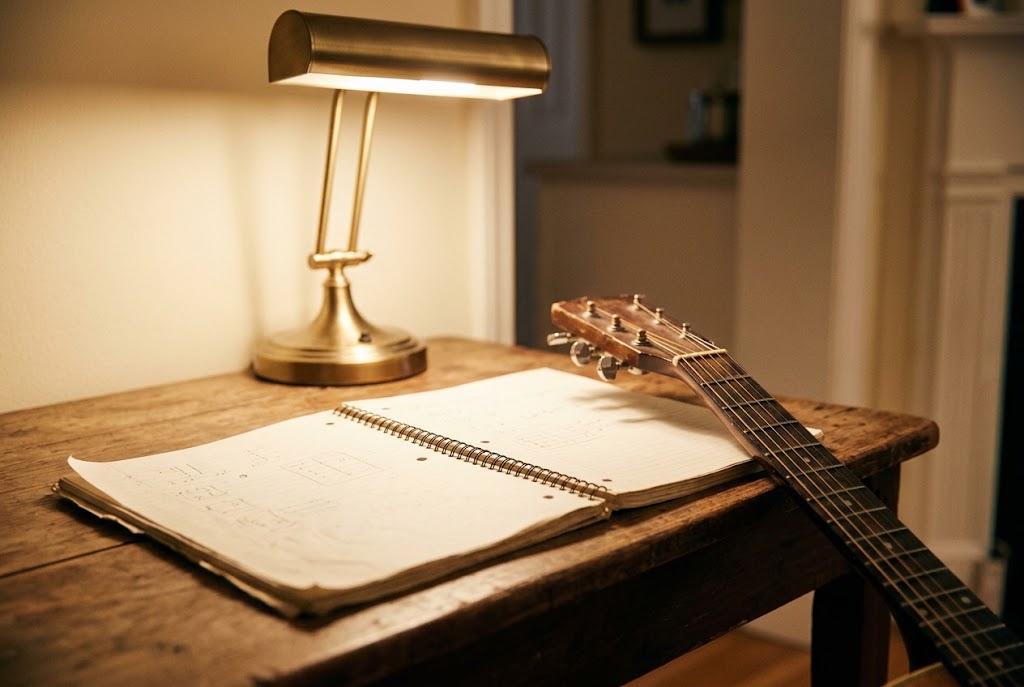 A worn music notebook beside a guitar fretboard, illustrating recalled facts and learned movements.