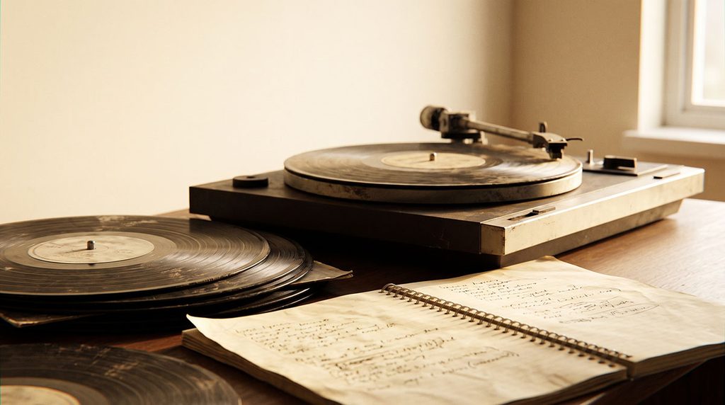 Worn records and a lyric notebook at home, illustrating familiar music associated with the reminiscence bump