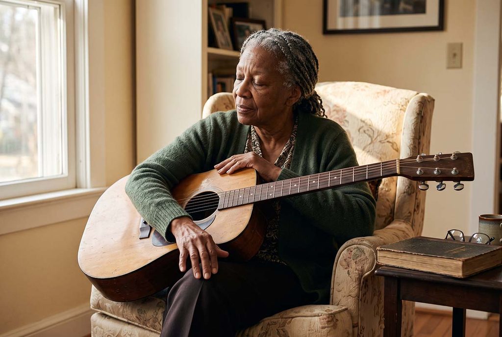 Older woman with a guitar taps rhythm on her knee with eyes closed, illustrating hearing before reading.