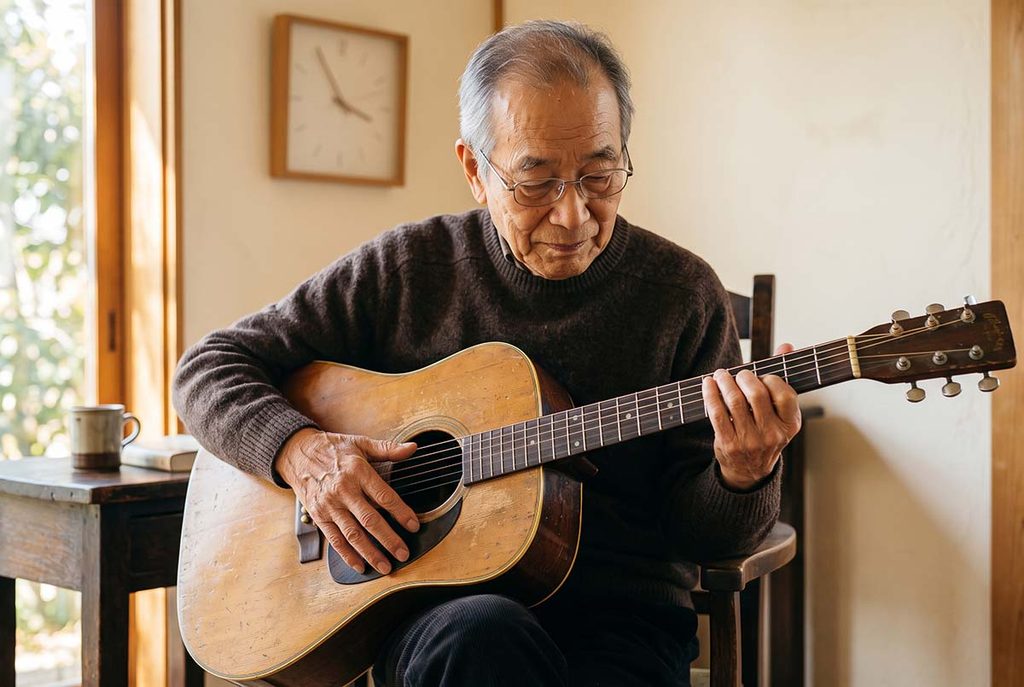 An older man's relaxed hands on an acoustic guitar during a short, focused return to practice.