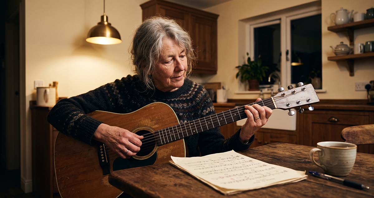 Older woman with a guitar in her lap looks at sheet music on a kitchen table.