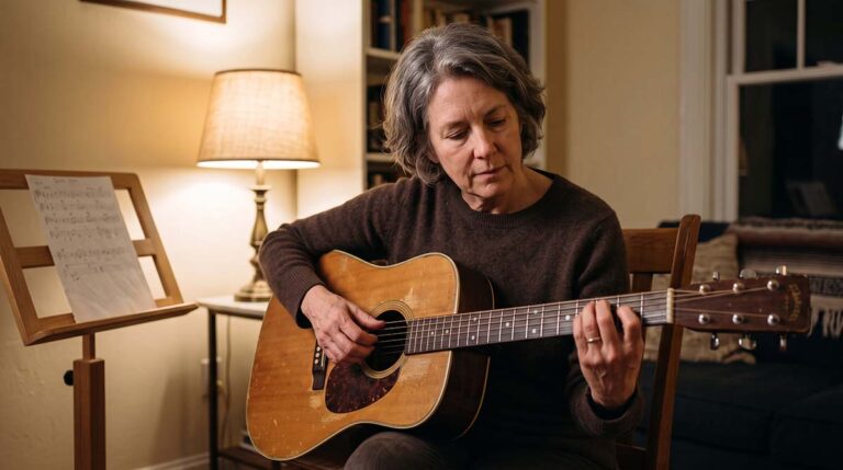 Adult beginner practicing guitar beside an exercise sheet during a quiet evening at home